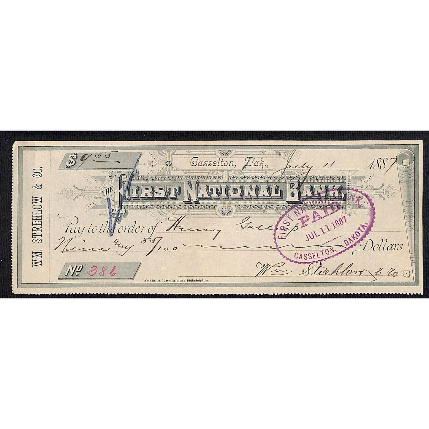 Casselton, Dakota (Territory) First National $9.55 Bank Check Strehlow & Co 1887