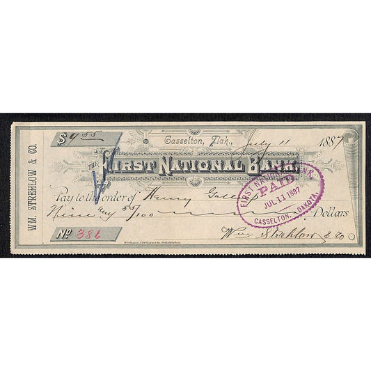 Casselton, Dakota (Territory) First National $9.55 Bank Check Strehlow & Co 1887