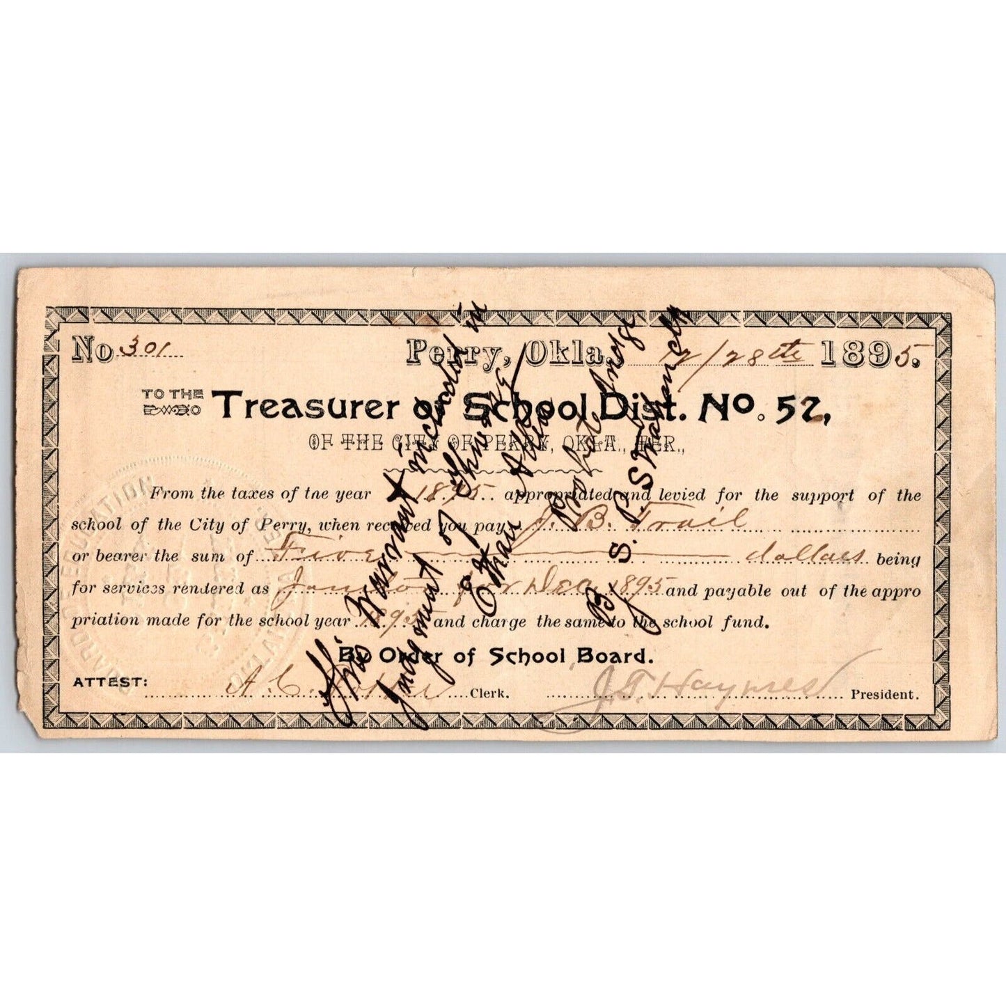 Perry, Oklahoma Territorial 1895 School District No. 52 Payment Order Scarce