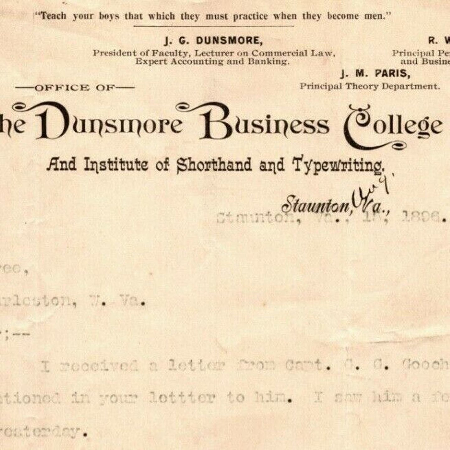 1896 Scarce Dunsmore Business College Shorthand Staunton, VA Letterhead