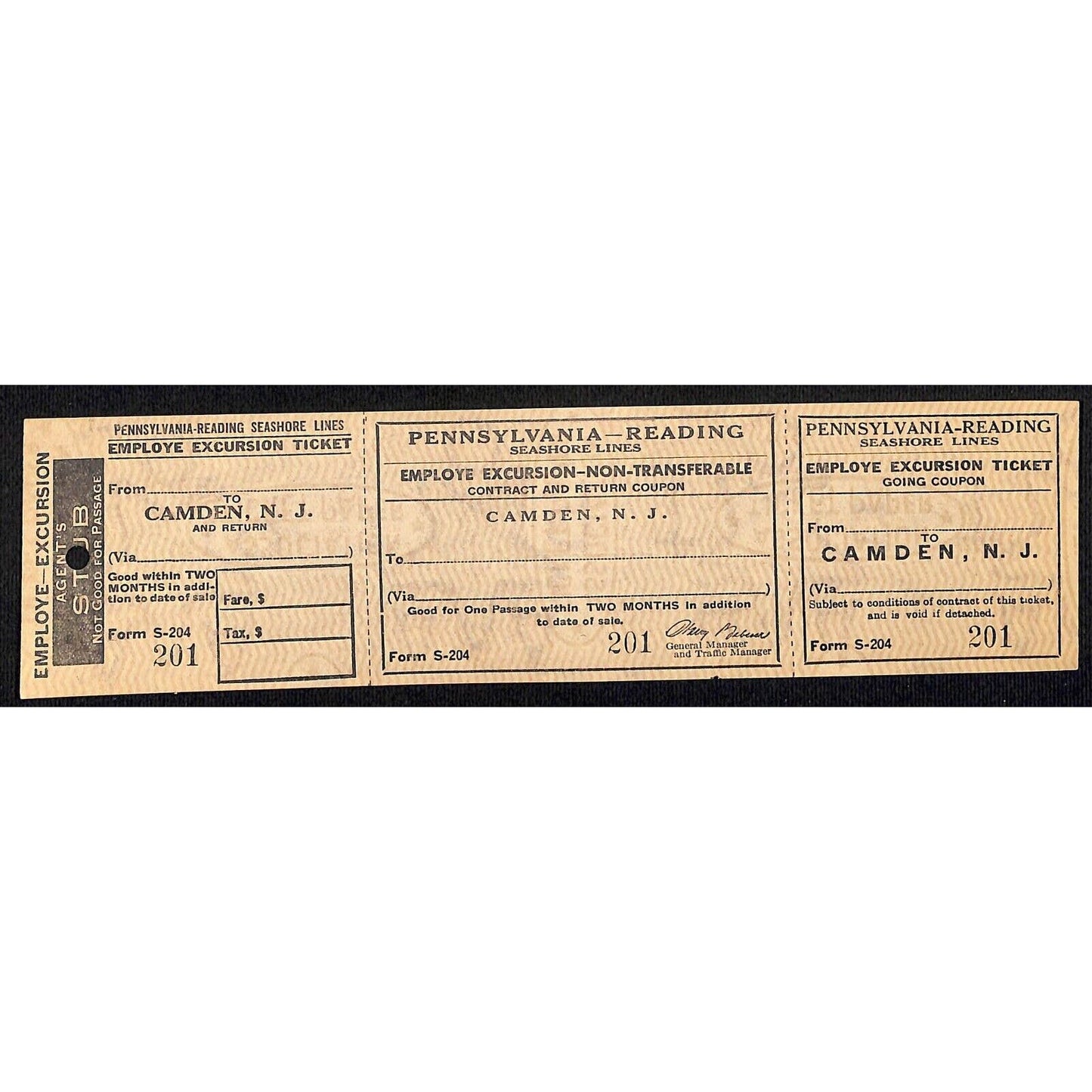 Pennsylvania - Reading RR Seashore Line SAMPLE Employee Excursion Ticket #201