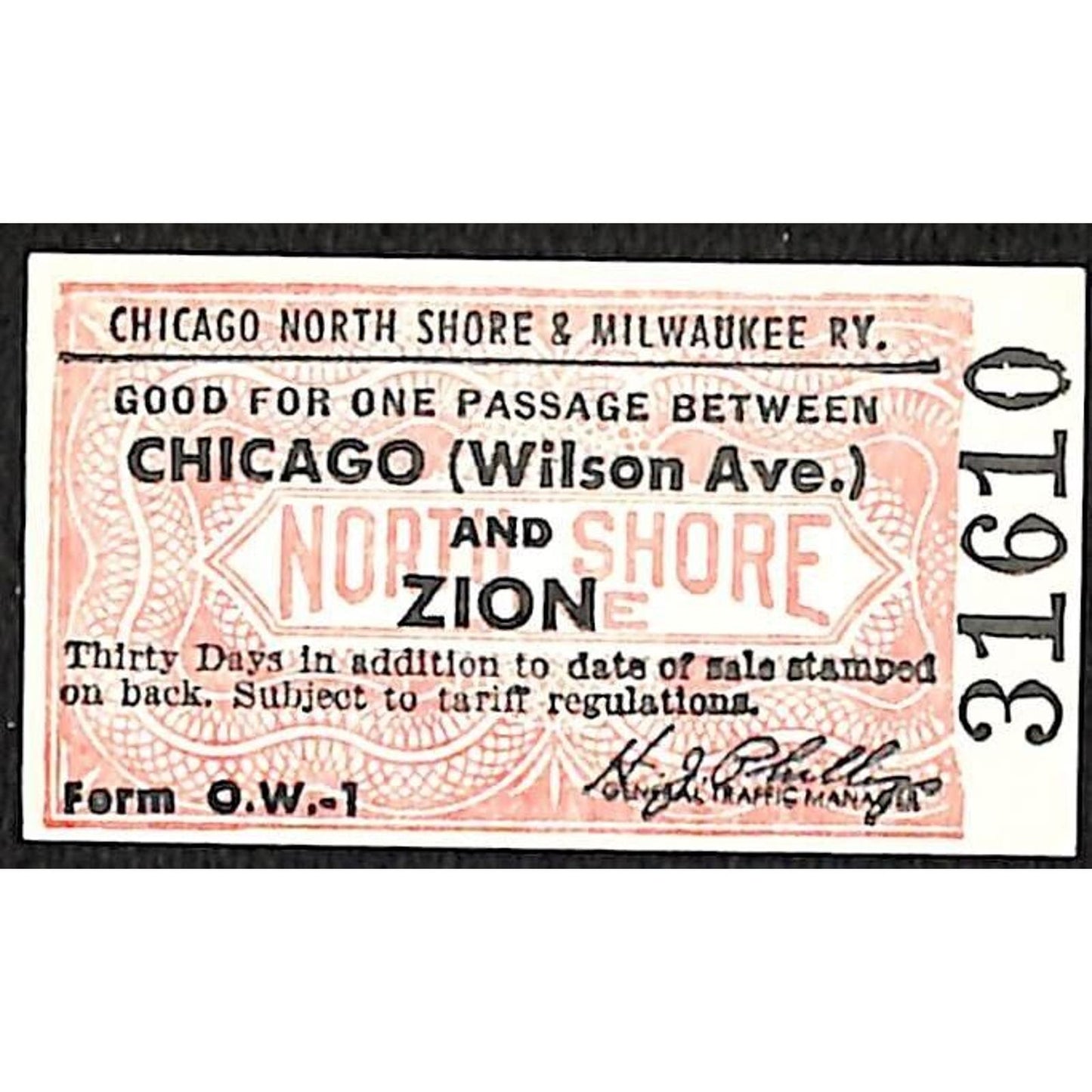 Chicago North Shore & Milwaukee RY Ticket c1947-50's Zion #31610