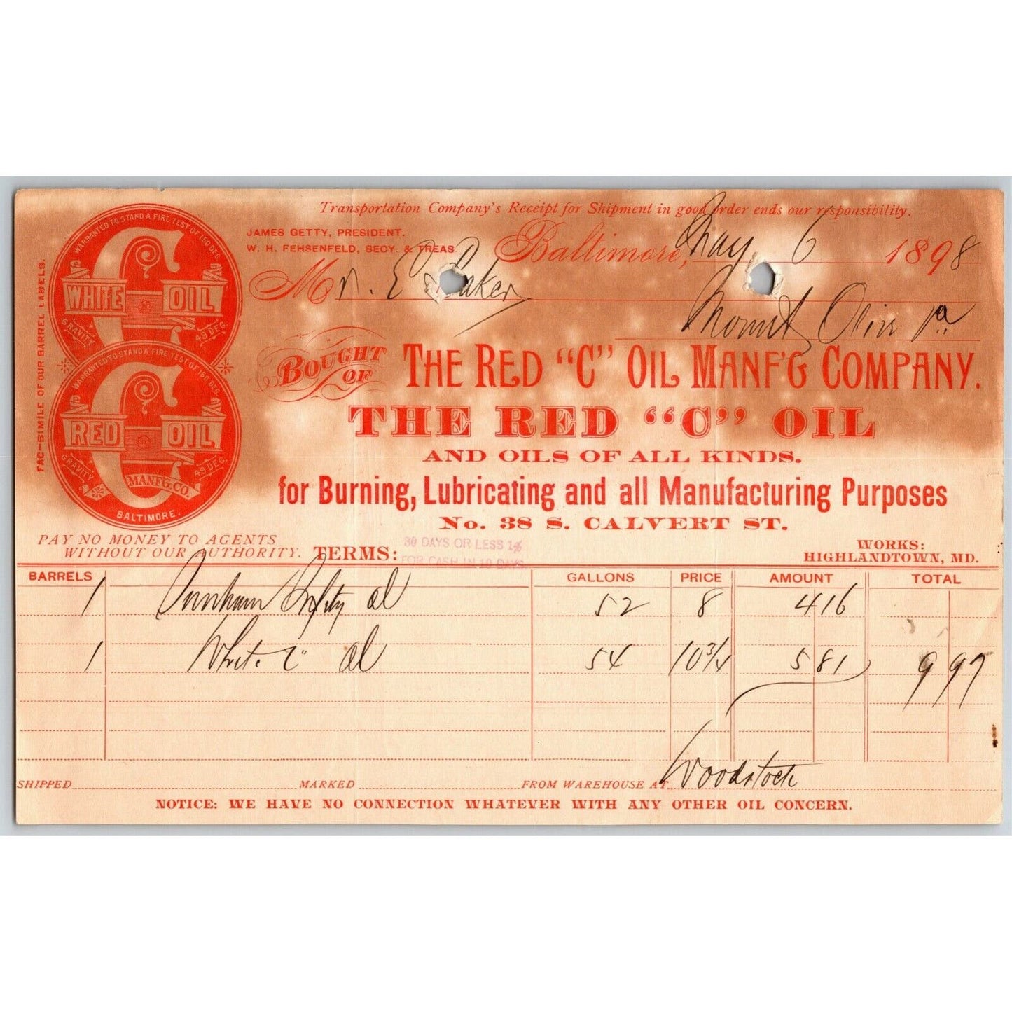 1898 Letterhead Statement -- Red "C" Oil Mfg. Co. Baltimore Ephraim Baker*