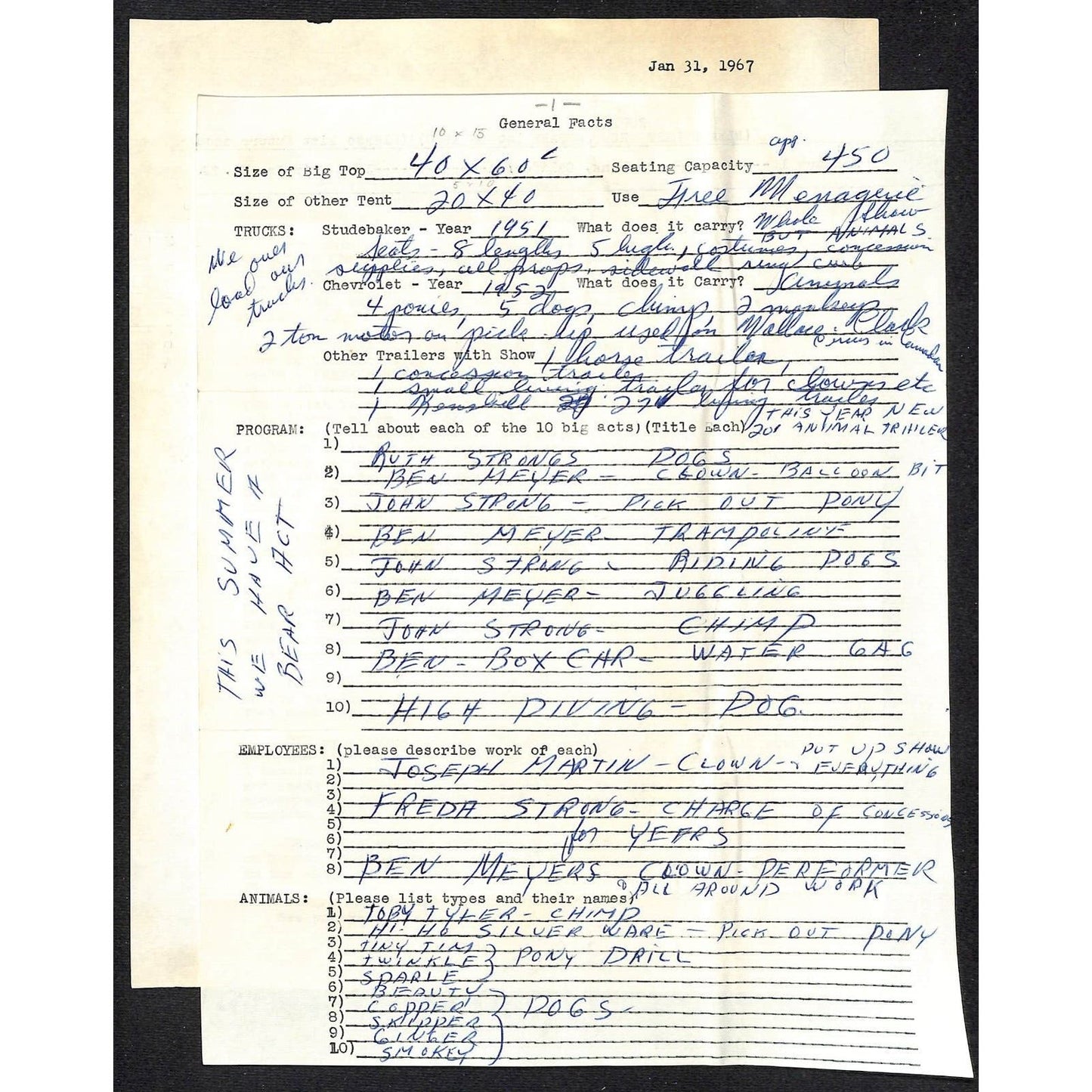 Big John Strong Employment Application? History Circus Letterhead c1967 3 Sheets