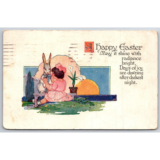 Easter Postcard "A Happy Easter" Girl w/ Rabbit Lily PM 1925