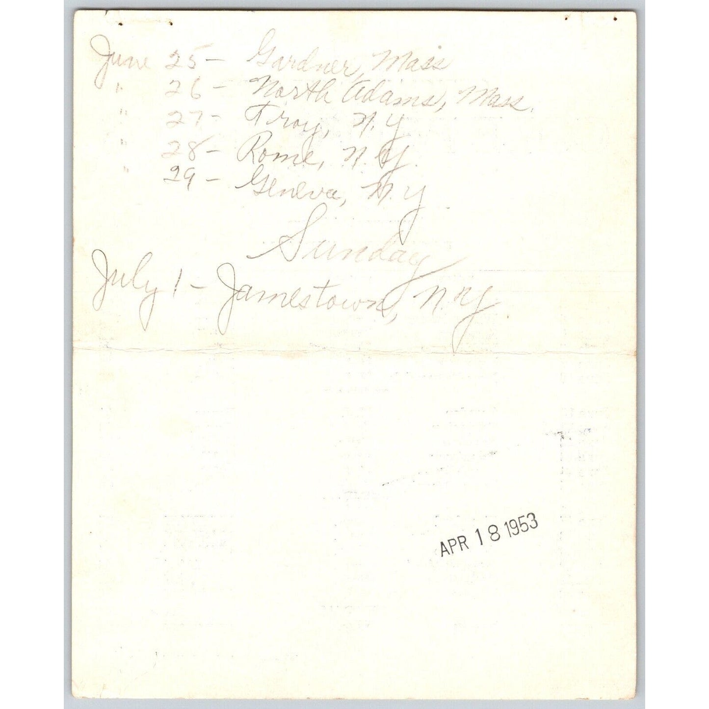 1940 Cole Bros Circus Route Card PA NY NJ CT MA RI