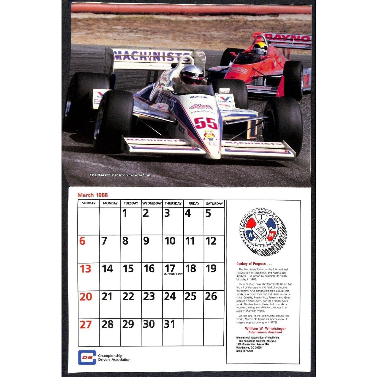 1988 Indy 500 PPG CDA Championship Drivers Assoc. Calendar w/ Bobby Rahal