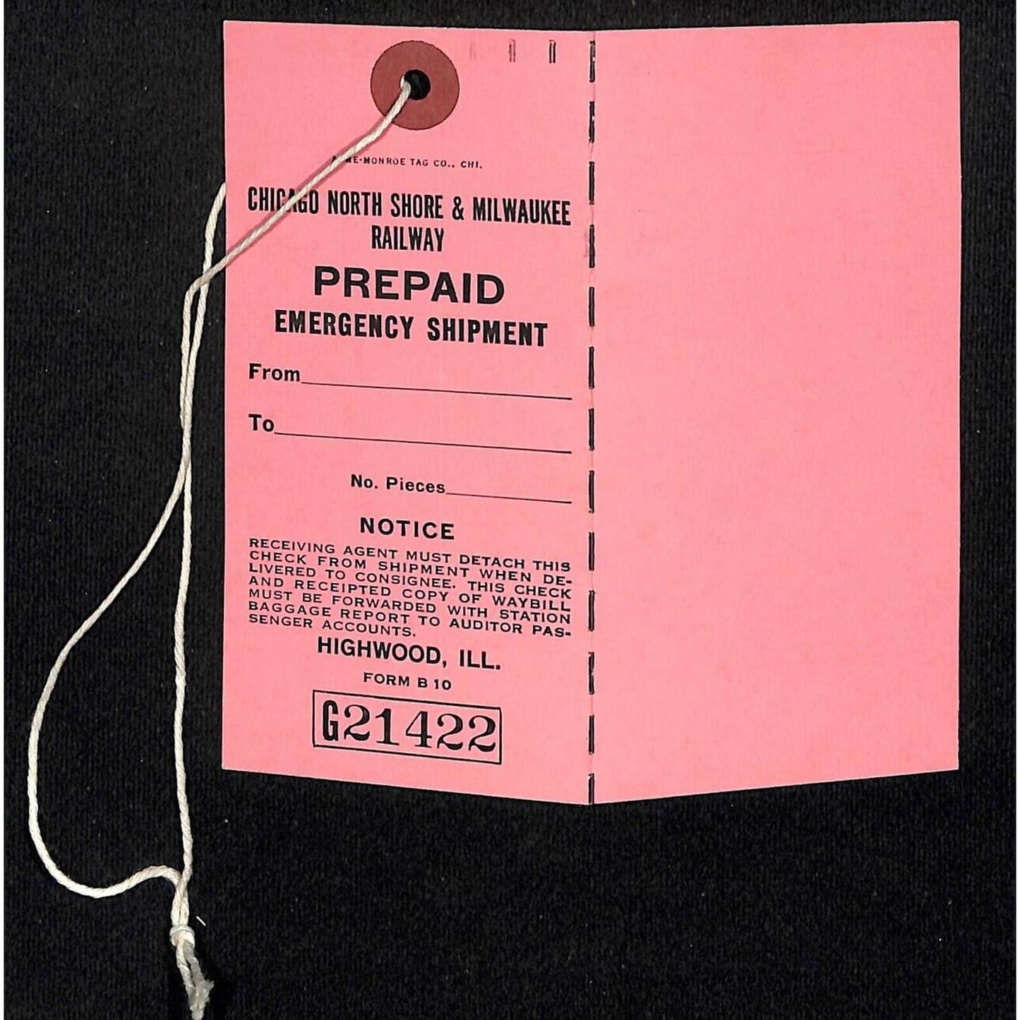 Chicago North Shore & Milwaukee RR c1945-55 "Prepaid Emergency Shipment" Tag NOS