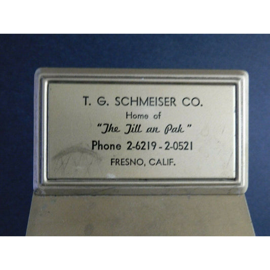 c1940's Vintage Steel Adv. 4 3/8" x 8 3/4" Clip Board T. G. Schmeiser Fresno CA