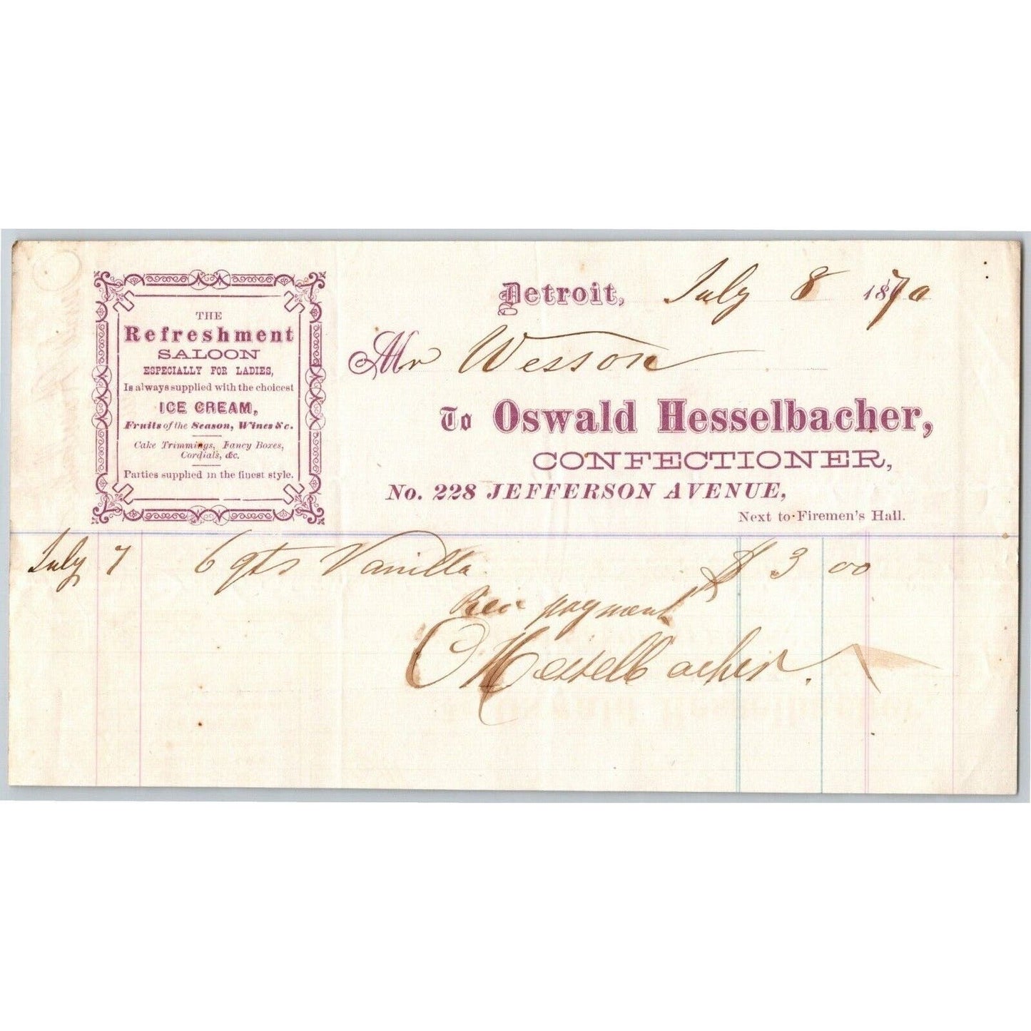 Detroit Letterhead Oswald Hesselbacher Confectioner Saloon for Ladies - 1870