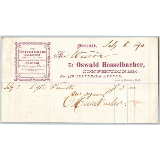 Detroit Letterhead Oswald Hesselbacher Confectioner Saloon for Ladies - 1870