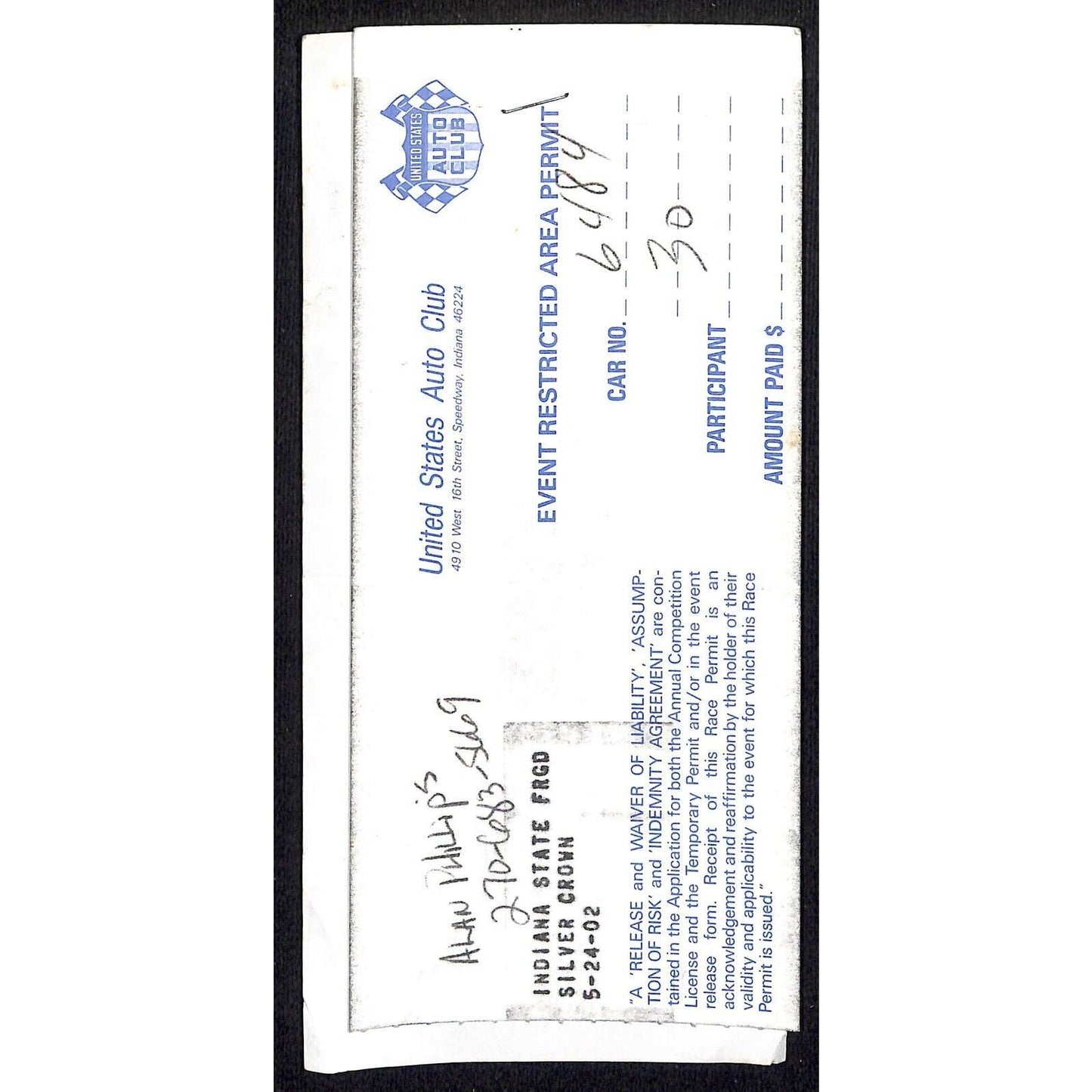 2002 Hoosier Hundred 100 Pit Pass & USAC Restricted Area Permit