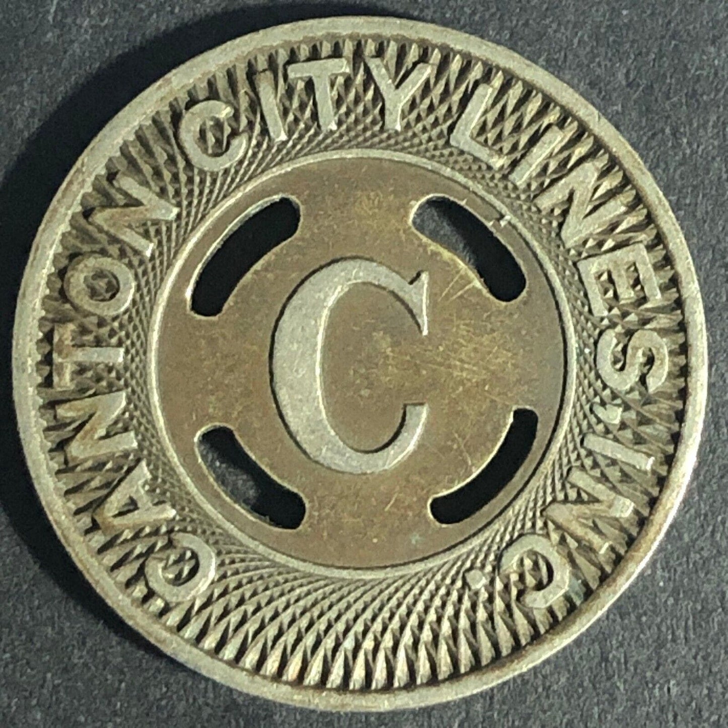 Canton City Lines Inc. "C" G/F One Fare Brass Transit Token - 22.74mm