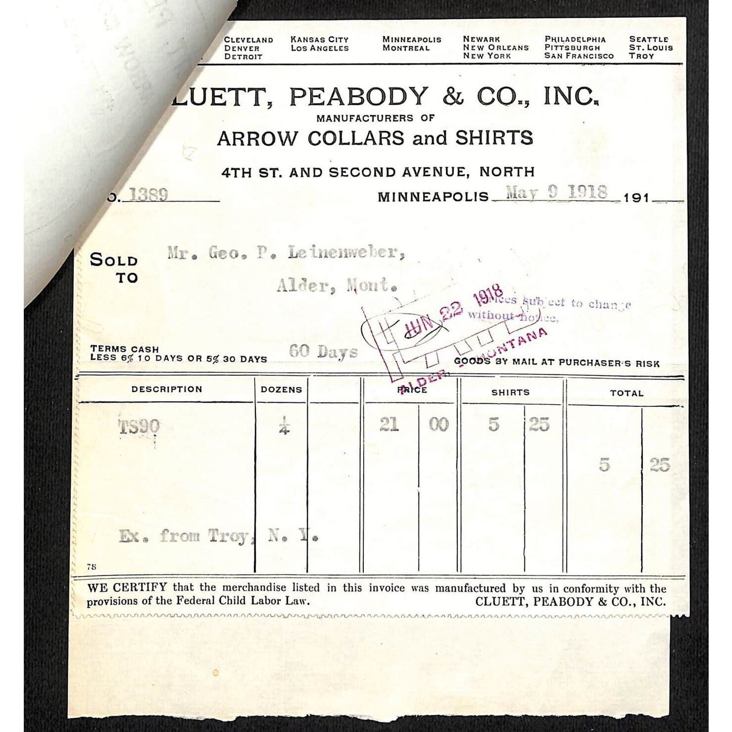 Minneapolis Cluett, Peabody & Co. Arrow Collars Shirts 3 Affixed 1918 Billheads