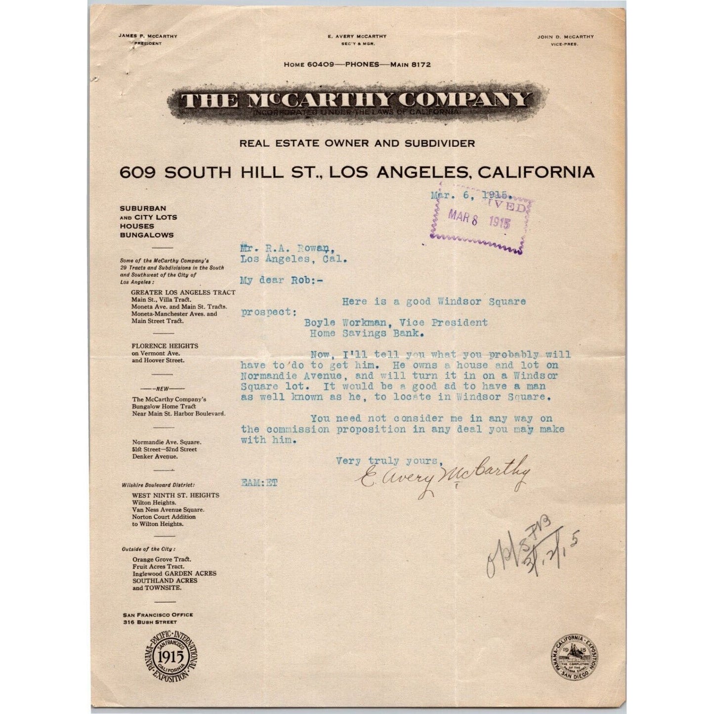 McCarthy Co. Real Estate 1915 Letterhead Panama-California Intl. Expo Seal