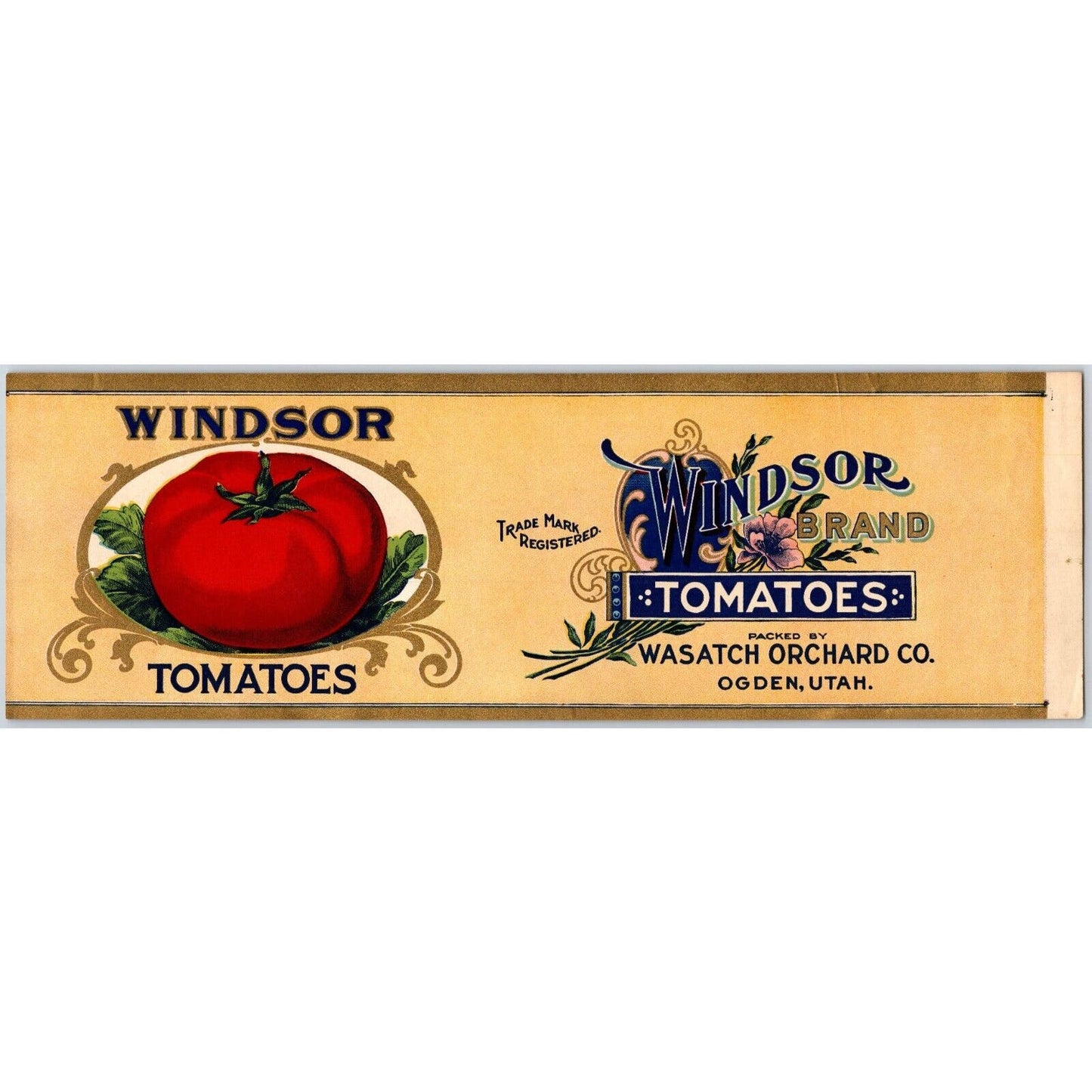 Windsor Tomatoes Paper Can Label Wasatch Orchard Ogden, UT c1920's Scarce