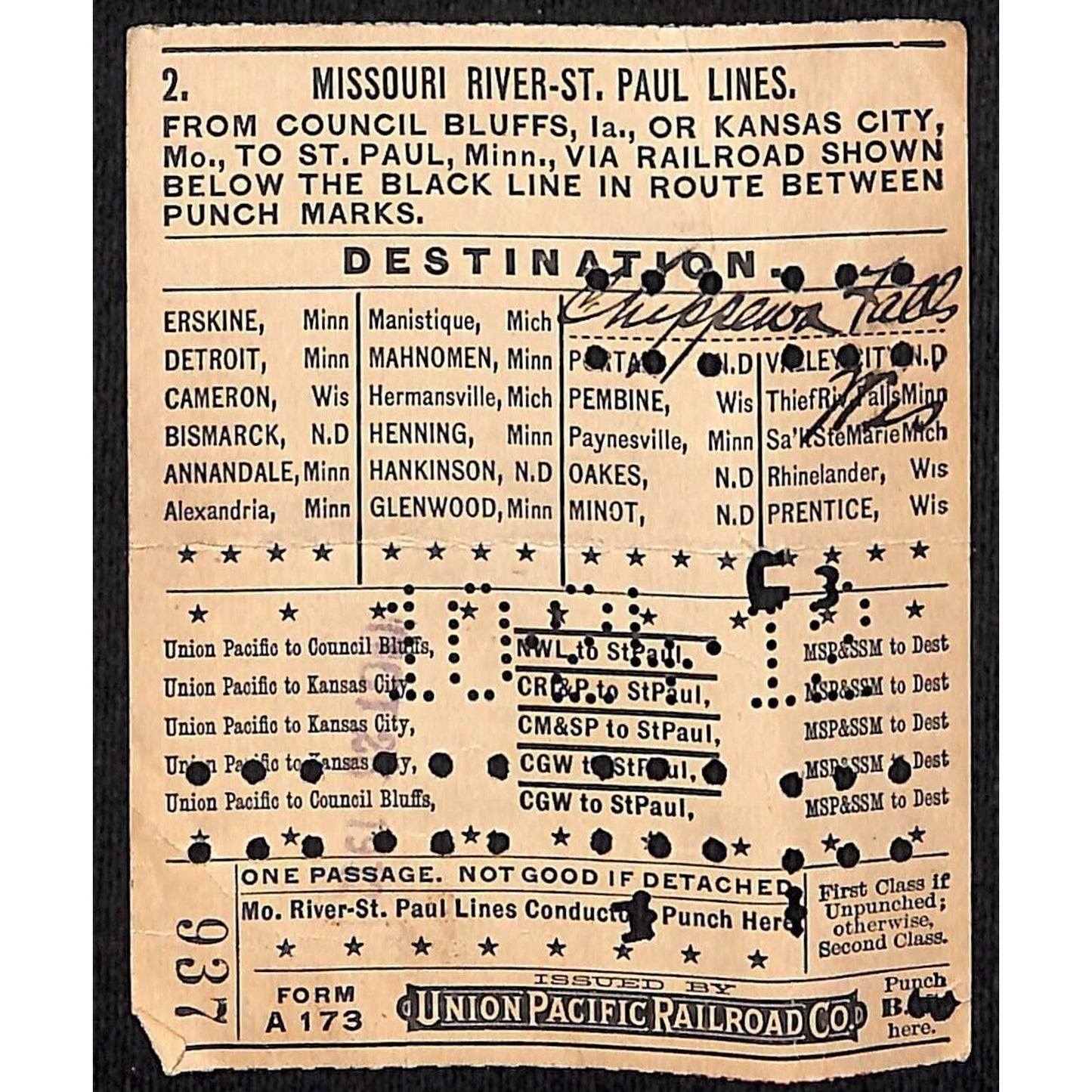 1913 Union Pacific Railroad Ticket Missouri River St. Paul Lines #937