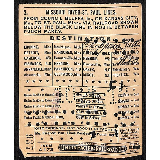 1913 Union Pacific Railroad Ticket Missouri River St. Paul Lines #937