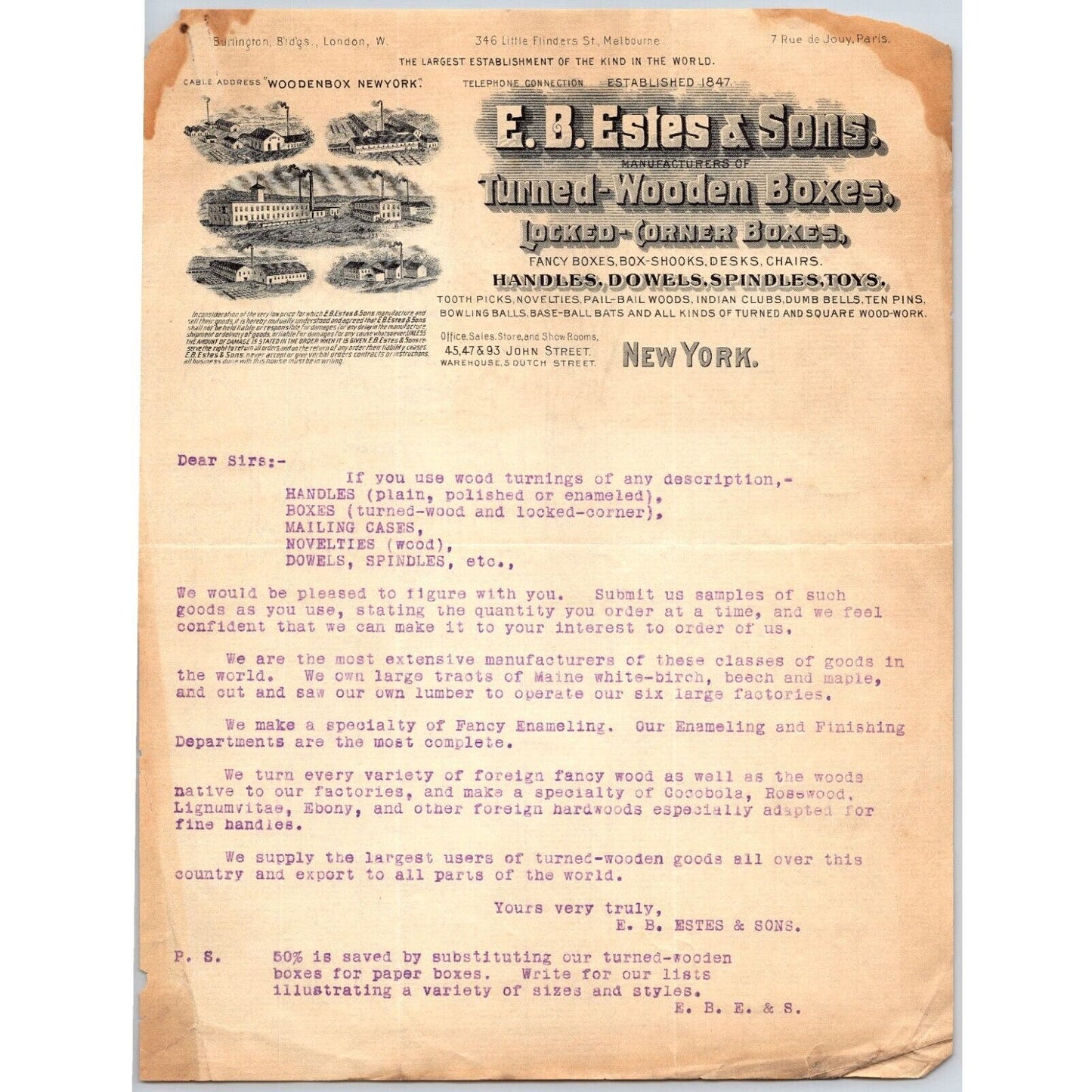 New York City John St. E.B. & Sons Turned Wooden Boxes c1903 Letterhead