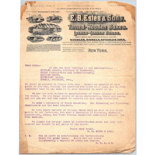 New York City John St. E.B. & Sons Turned Wooden Boxes c1903 Letterhead