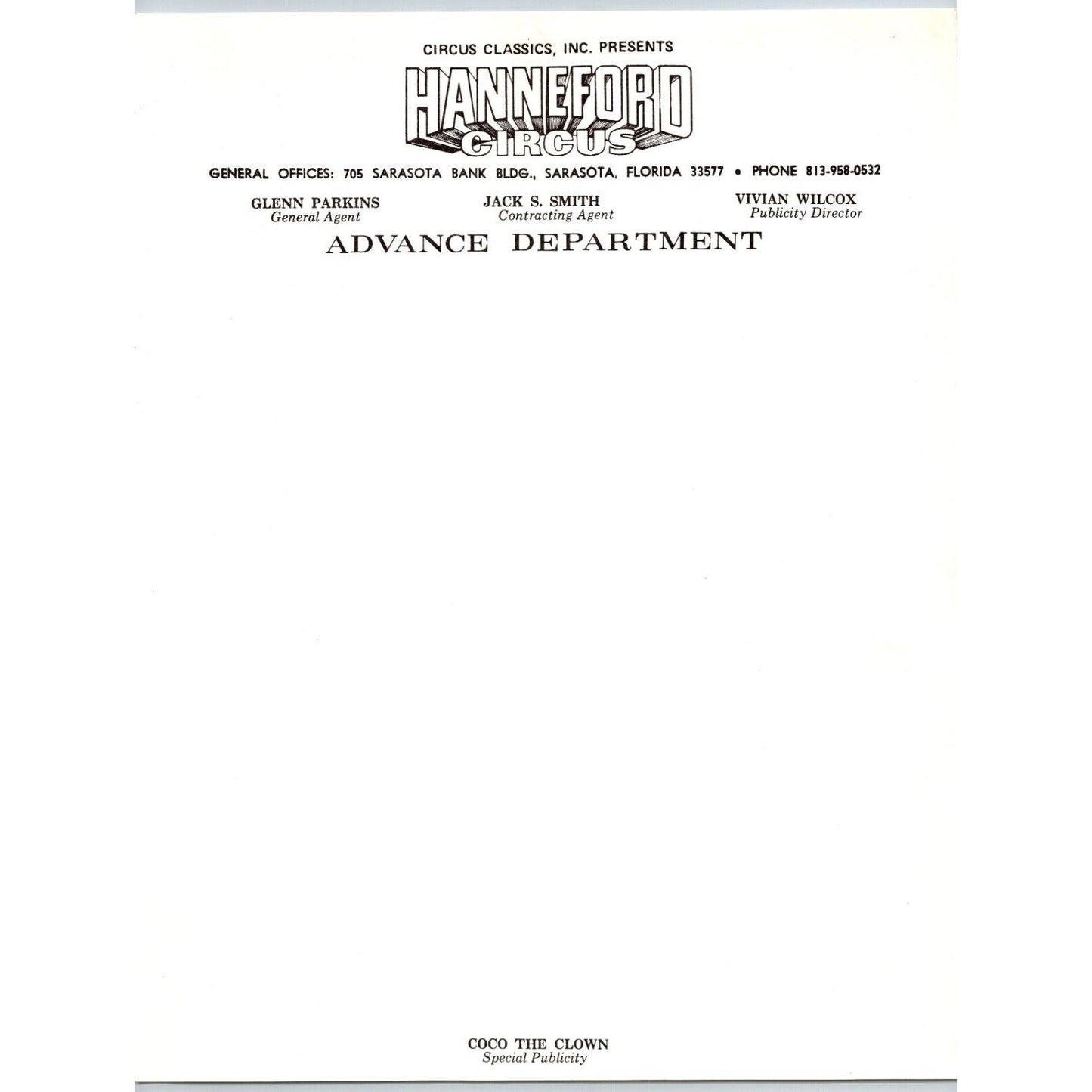 Hanneford Circus Letterhead Sarasota Coco the Clown c1972-79 Scarce