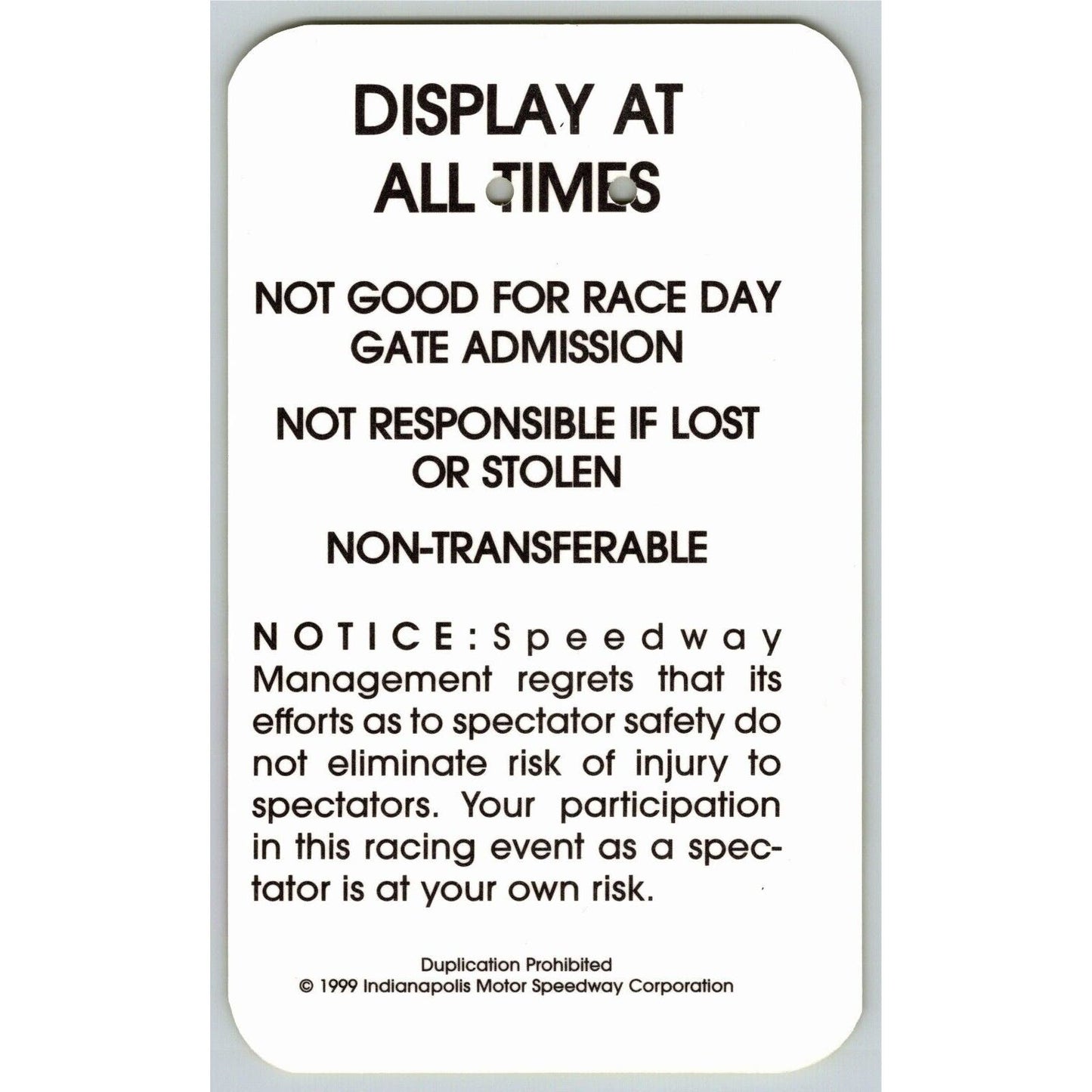 1999 Indy 500 V.I.P Pre-Race Turn 1 Garage Pit Pass VGC VIP Indianapolis #5041