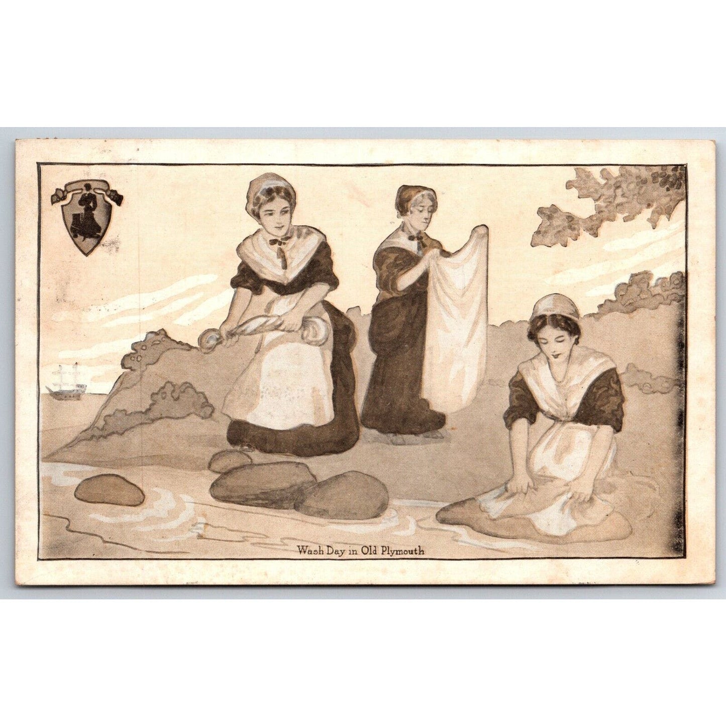 "Wash Day in Old Plymouth" "Wear Walk Overs" Shoes Advertising Postcard c1915-25