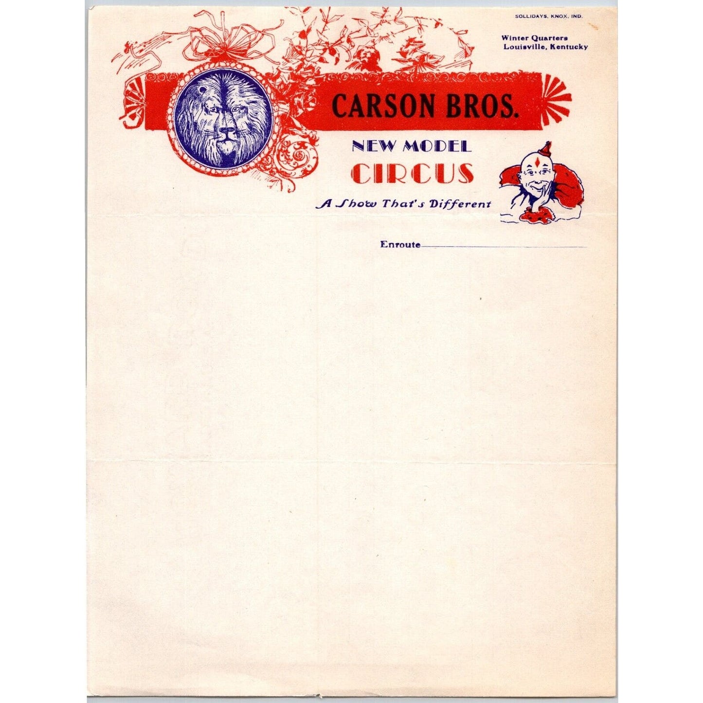Carson Bros. New Model Circus Letterhead c1947 Clown Lion Scarce