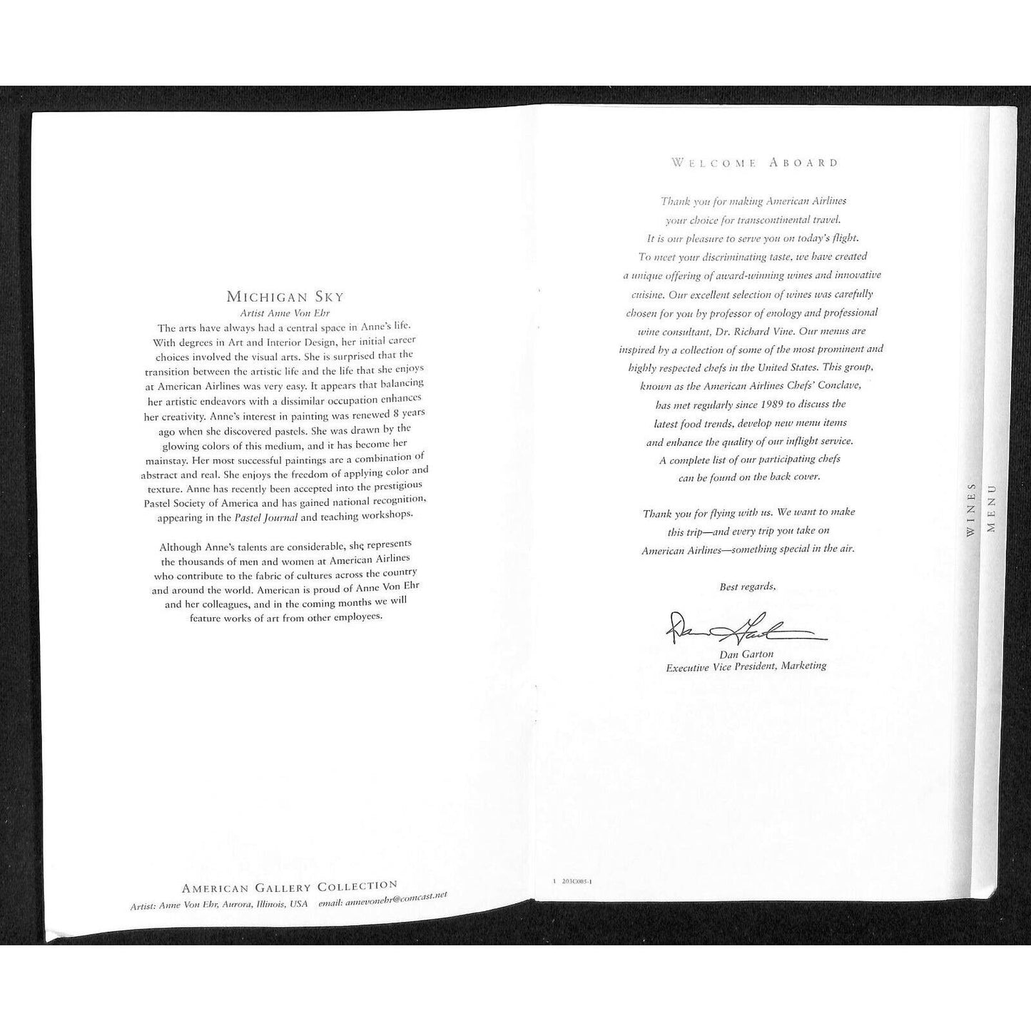 2004 American Airlines First Class Lunch Wine Menu w/ Anne Von Ehr Michigan Sky