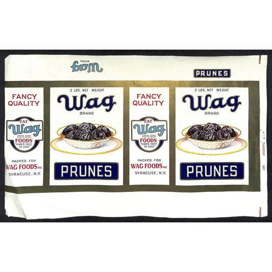 c1931 Paper Box Label Wag Foods Wag Brand Prunes Syracuse, NY w/ Gilt Borders