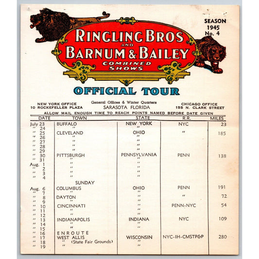 1945 Ringling Bros Barnum & Bailey Circus Route Card Cleveland Pittsburgh
