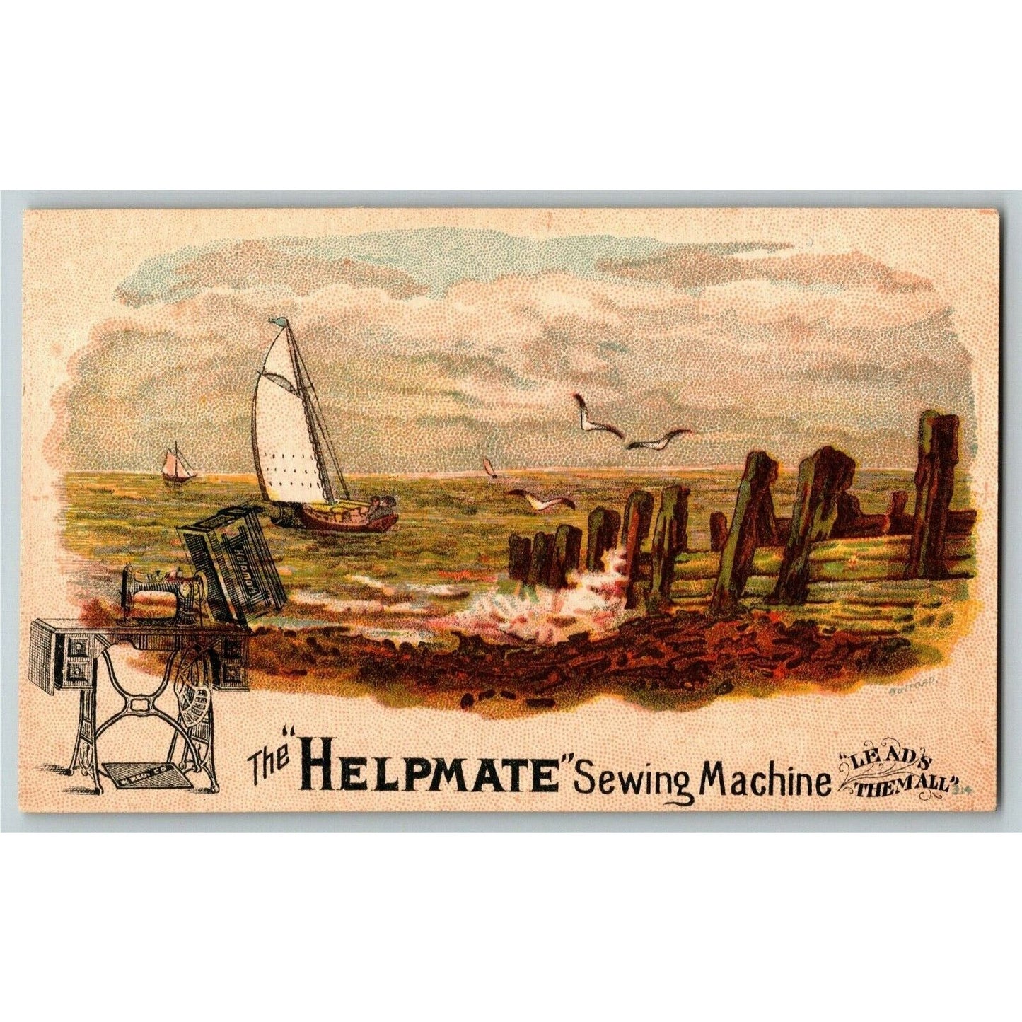 Victorian Trade Card Helpmate Sewing Machine Chas. W. Lowe Brockton, MA Sailboat