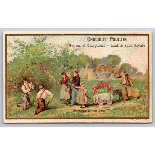 French Victorian Trade Card Chocolat Poulin "Enterrement Du Petit Oiseau"