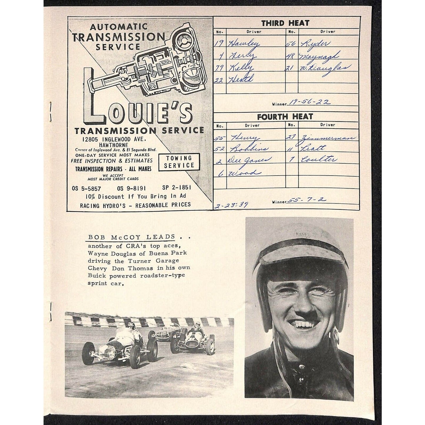 Scarce Aug 18 1962 CRA Big Car Races Auto Racing Program Ascot Bob Coulter 8pp.