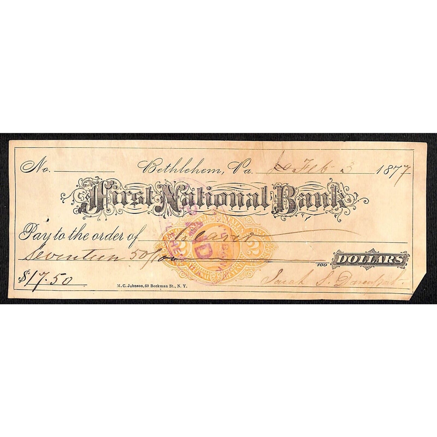 Bethlehem, PA 1877 First National Bank w/ Imprinted Tax Stamp