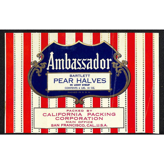 1945 Paper Can Label Ambassador Pear Halves California Packing San Francisco