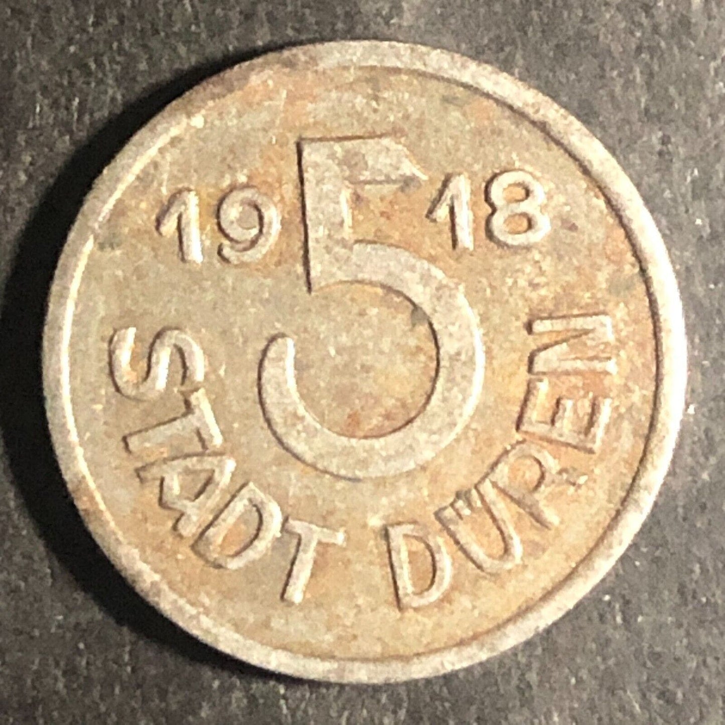 1918 Stadt Duren 5 Pfennig Coin WWI War Money Germany 18.6mm