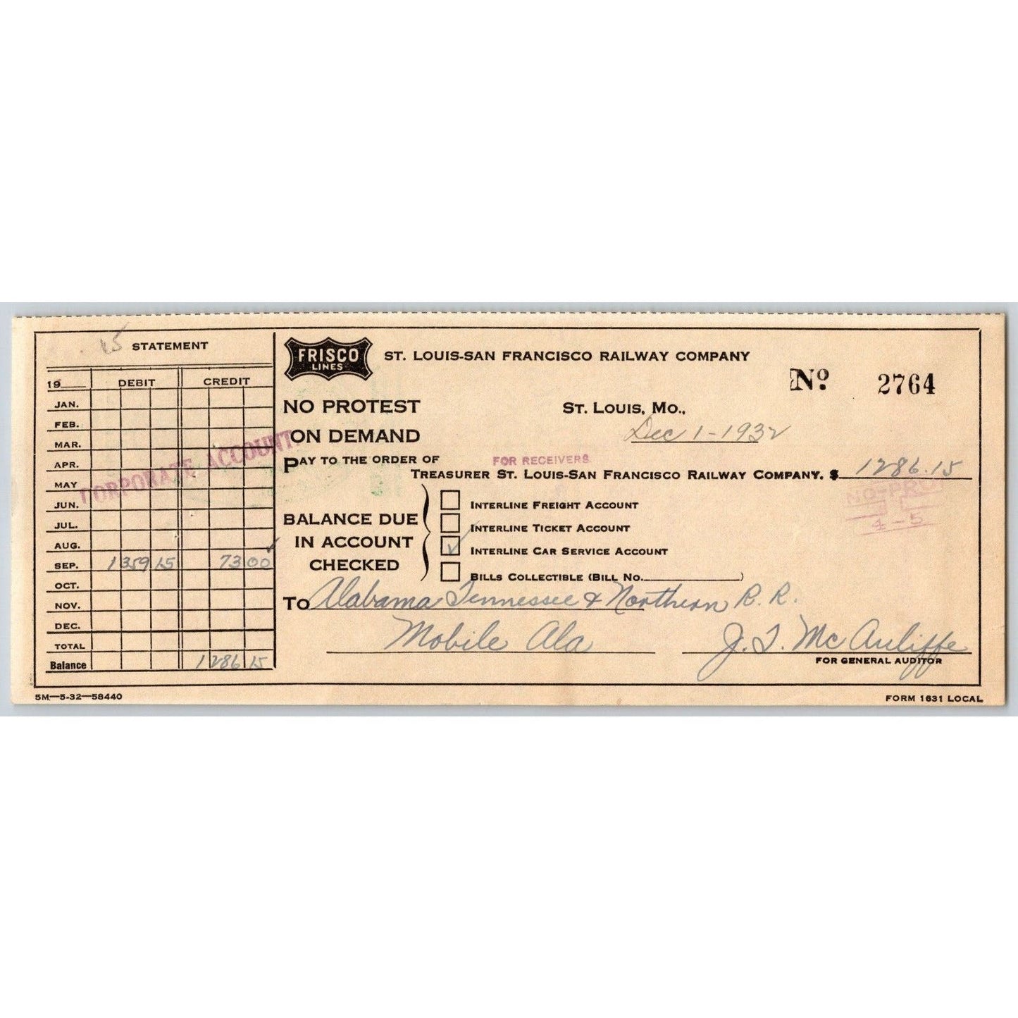 St. Louis - San Francisco Railway / Railroad 1932 Bank Check #2764