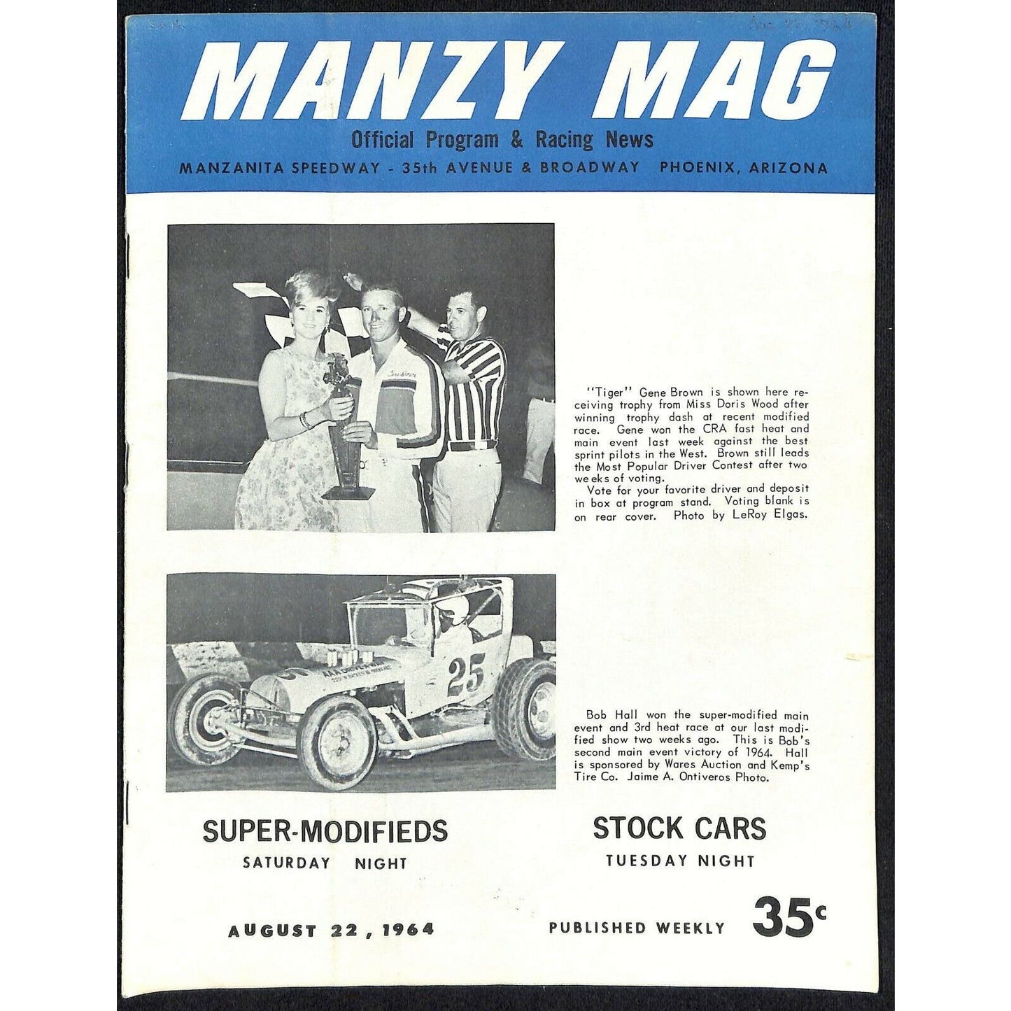 Scarce Aug 22 1964 USAC Auto Racing Program Manzanita Raceway Manzy Mag 20p
