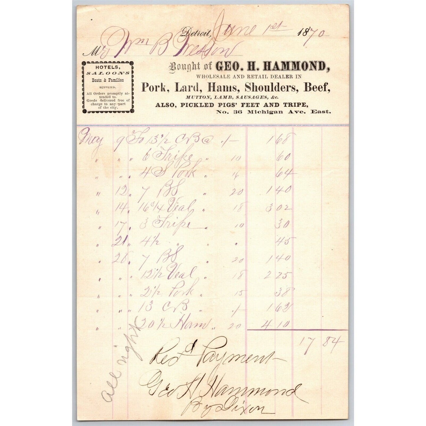 Detroit Letterhead Geo. H. Hammond - Pork Lard Hams Beef Shoulders 1870