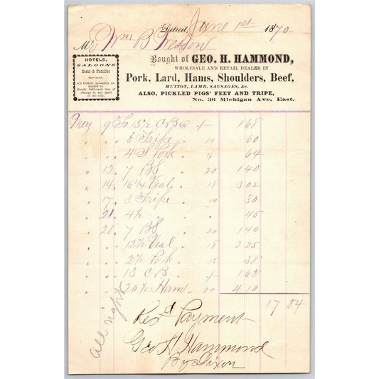Detroit Letterhead Geo. H. Hammond - Pork Lard Hams Beef Shoulders 1870