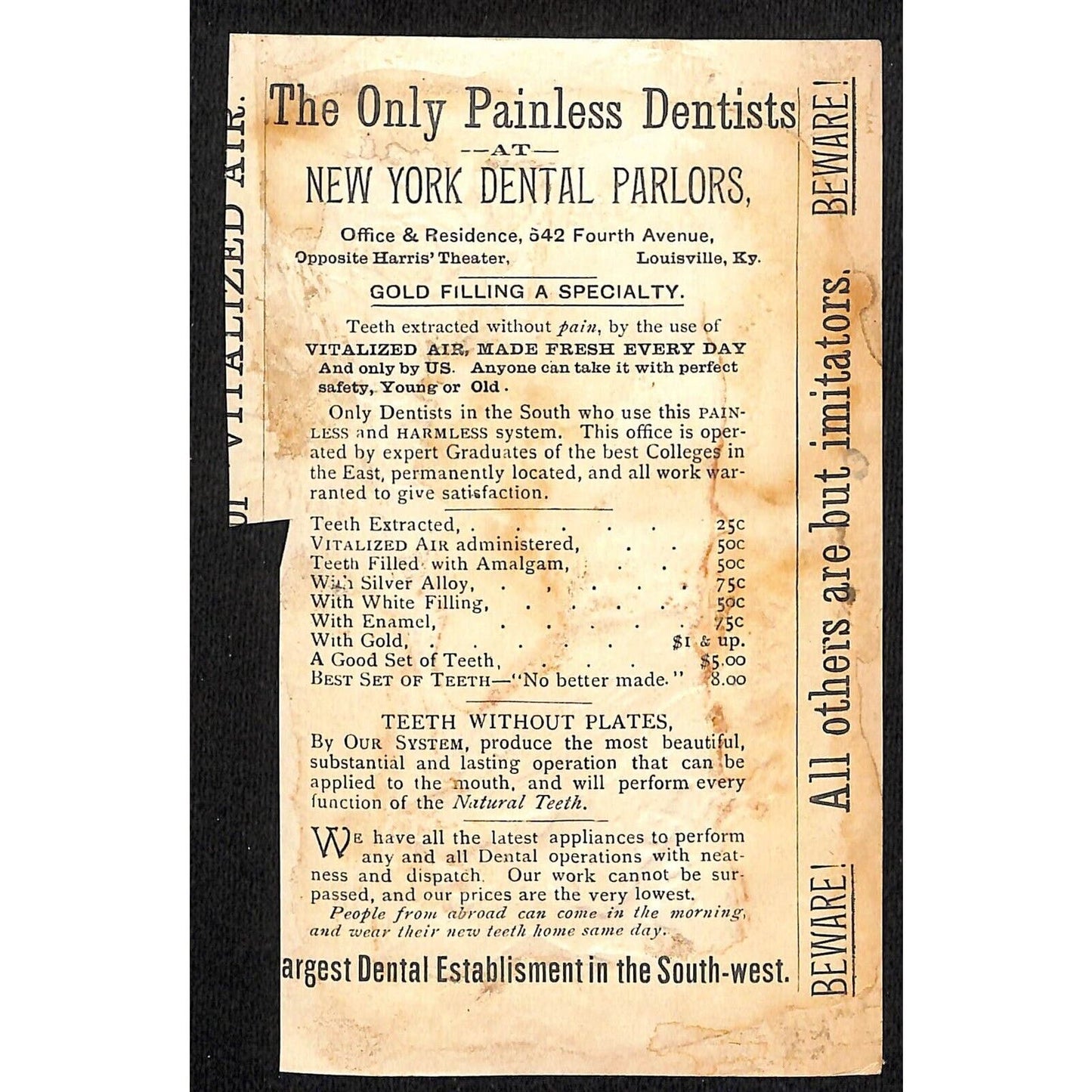 New York Dental Parlors Louisville KY (4) Victorian Trade Cards w/ Birds