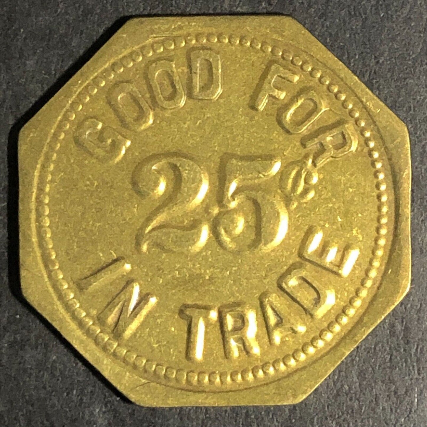Cashmere Pastime (Washington) Brass G/F 25c Hexagon Trade Token - 25mm
