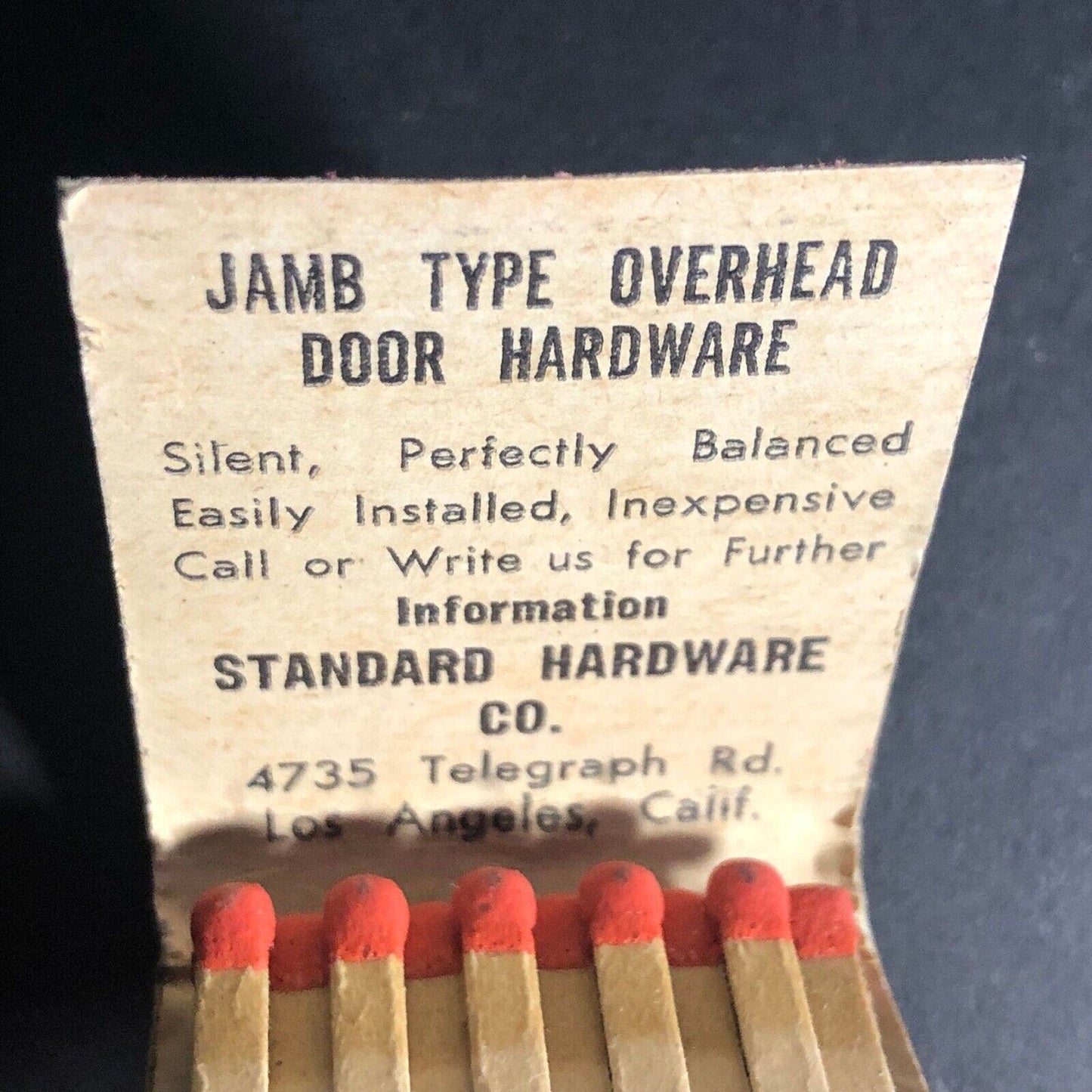 Standard Overhead Door Hardware Los Angeles Matchbook c1940's-50's 20-Strike