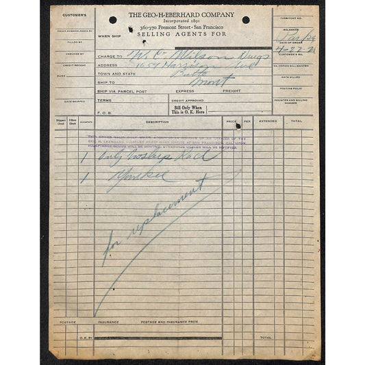 Geo H, Eberhard Butte Montana 1921 Billhead Letterhead Wilson Drug