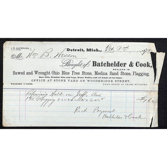 Detroit Letterhead - Batchelder & Cook Dealers in Ohio Blue Free Stone - 1870