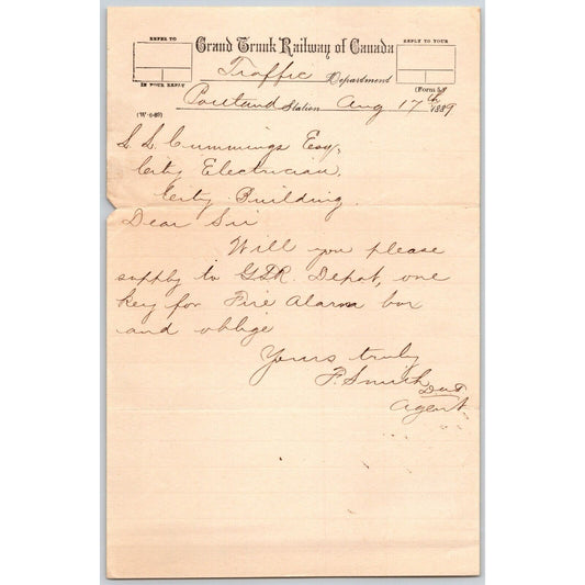 Grand Trunk Railway of Canada 1889 Letterhead re: Fire Alarm Box Key