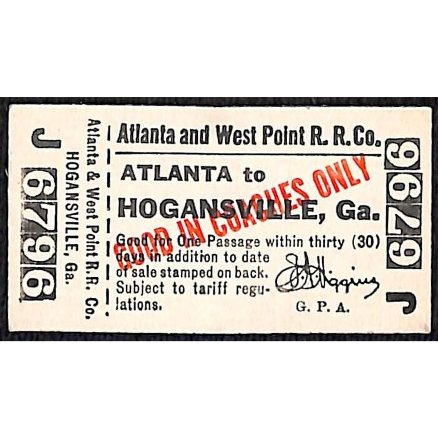 Atlanta and West Point Railroad Ticket #6796 Hogansville, GA Unused "VOID"