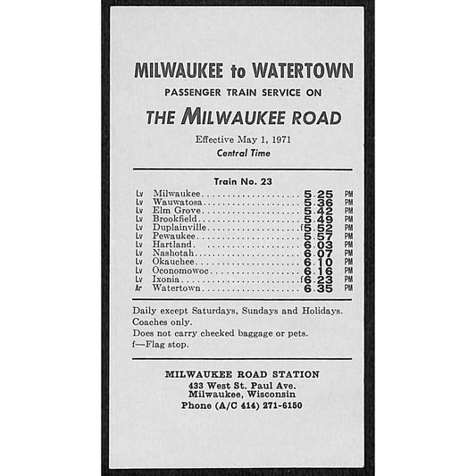 1971 "The Milwaukee Road" Train No. 23 & No. 12 Watertown Time Table Card VGC