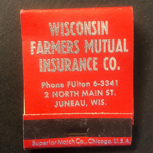 Wisconsin Farmers Insurance Co. Juneau, WI Vintage Full Matchbook c1950's VGC